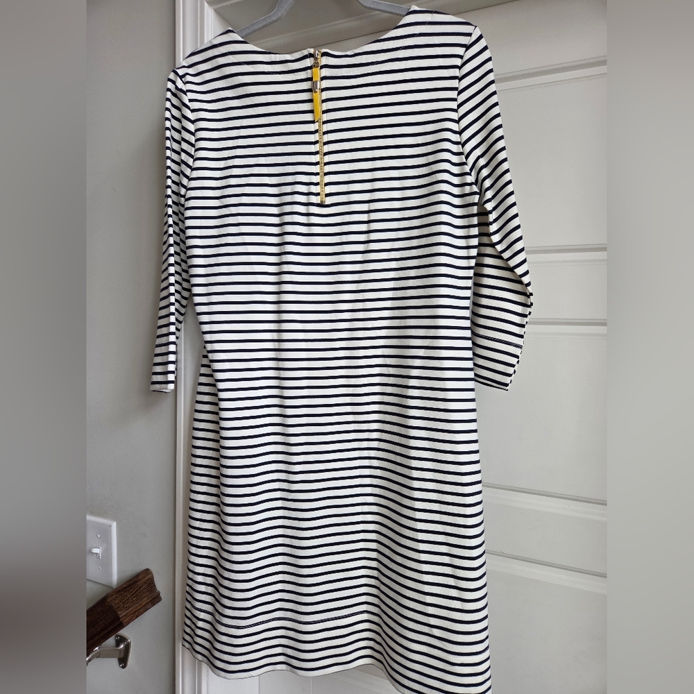 Botique Navy and White Striped Long Sleeve Dress With Yellow Back Zipper